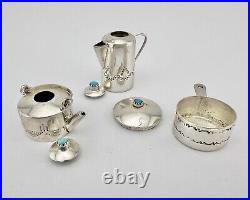 Vtg Navajo Stamped Sterling Silver Miniature Teapot Kettle Pot Pan Turquoise Set