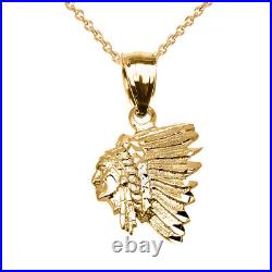 Yellow Gold Native American Indian Head Pendant Necklace