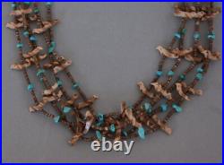 Zuni 5 Strand Fetish Necklace Turquoise, Fine Heishi, Birds 27.5 31.5