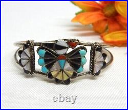 Zuni 925 Sterling Silver, Turquoise, Coral & Mop Thunderbird Cuff Bracelet