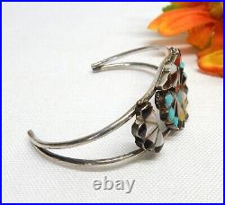 Zuni 925 Sterling Silver, Turquoise, Coral & Mop Thunderbird Cuff Bracelet