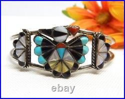 Zuni 925 Sterling Silver, Turquoise, Coral & Mop Thunderbird Cuff Bracelet