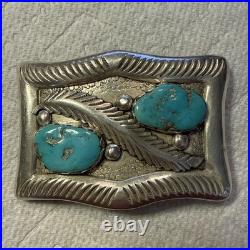 Zuni MIKE SIMPLICIO BELT BUCKLE Sterling Silver leaf and 2 Turquoise stones