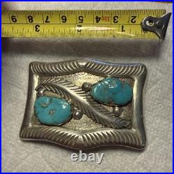 Zuni MIKE SIMPLICIO BELT BUCKLE Sterling Silver leaf and 2 Turquoise stones