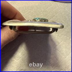 Zuni MIKE SIMPLICIO BELT BUCKLE Sterling Silver leaf and 2 Turquoise stones