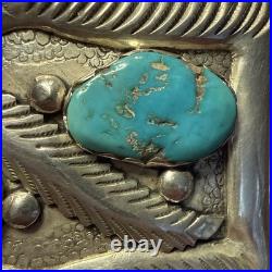 Zuni MIKE SIMPLICIO BELT BUCKLE Sterling Silver leaf and 2 Turquoise stones