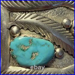 Zuni MIKE SIMPLICIO BELT BUCKLE Sterling Silver leaf and 2 Turquoise stones