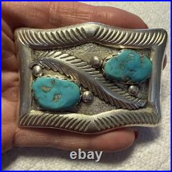 Zuni MIKE SIMPLICIO BELT BUCKLE Sterling Silver leaf and 2 Turquoise stones