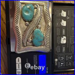 Zuni MIKE SIMPLICIO BELT BUCKLE Sterling Silver leaf and 2 Turquoise stones