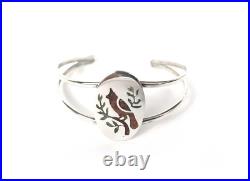 Zuni Native American Pueblo Cardinal Inlaid Sterling Silver 925 Cuff Bracelet