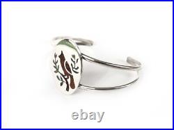Zuni Native American Pueblo Cardinal Inlaid Sterling Silver 925 Cuff Bracelet