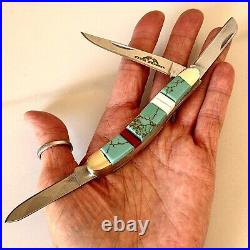 Zuni Turquoise Folding Pocket Knife 3.5 3Blade Southwest Inlay Handmade Old Ram