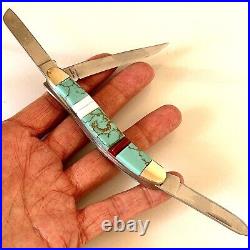 Zuni Turquoise Folding Pocket Knife 3.5 3Blade Southwest Inlay Handmade Old Ram