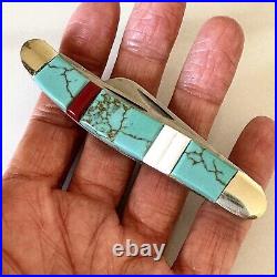 Zuni Turquoise Folding Pocket Knife 3.5 3Blade Southwest Inlay Handmade Old Ram