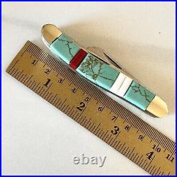 Zuni Turquoise Folding Pocket Knife 3.5 3Blade Southwest Inlay Handmade Old Ram