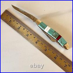 Zuni Turquoise Folding Pocket Knife 3.5 3Blade Southwest Inlay Handmade Old Ram